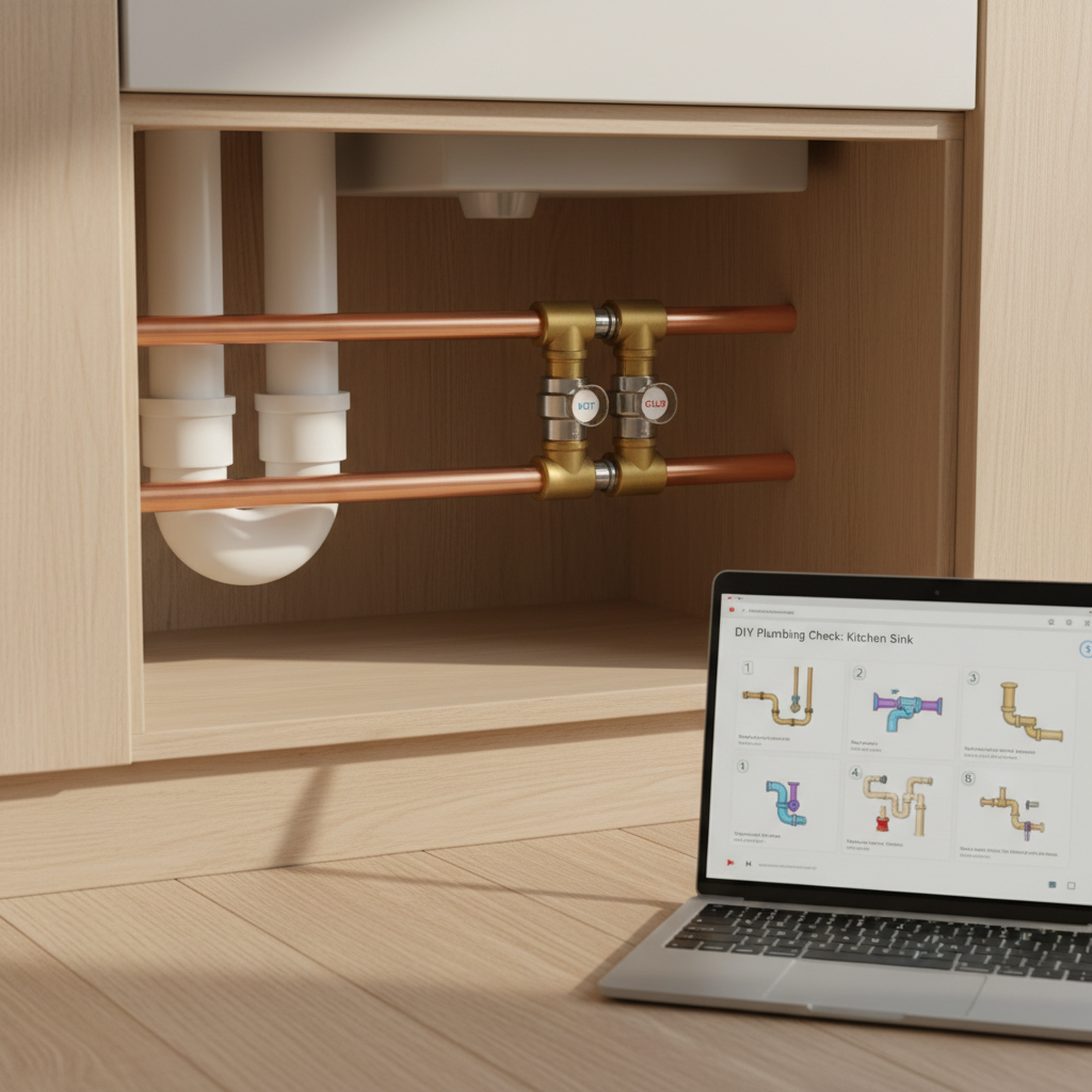 A close-up, photographic view of a neat section of residential plumbing inside a kitchen cabinet, featuring white PVC trap, copper supply lines, and labelled isolation valves, all clean and well-installed. A sleek laptop rests just outside the cabinet showing a paused plumbing advisory video.