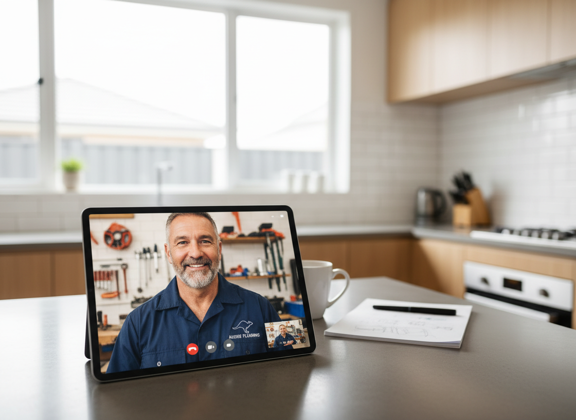 A friendly Australian plumbing expert giving advice over a video call, shown on screen with a warm, reassuring smile in a bright modern home.